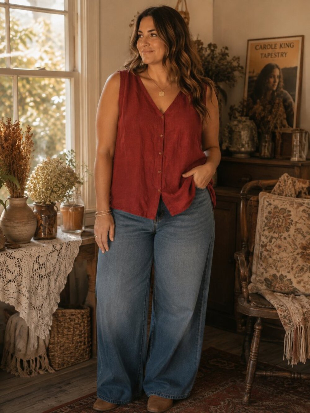 FLAX Linen Faux Button Front Vest Top
